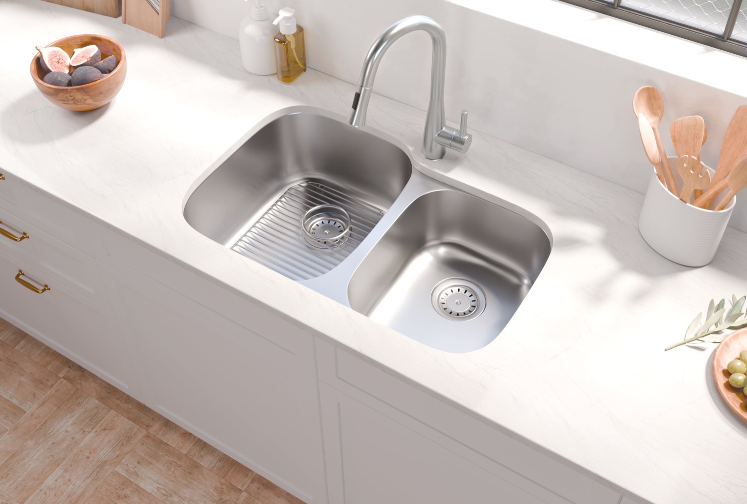 Rumonté double-bowl sink in a bright kitchen