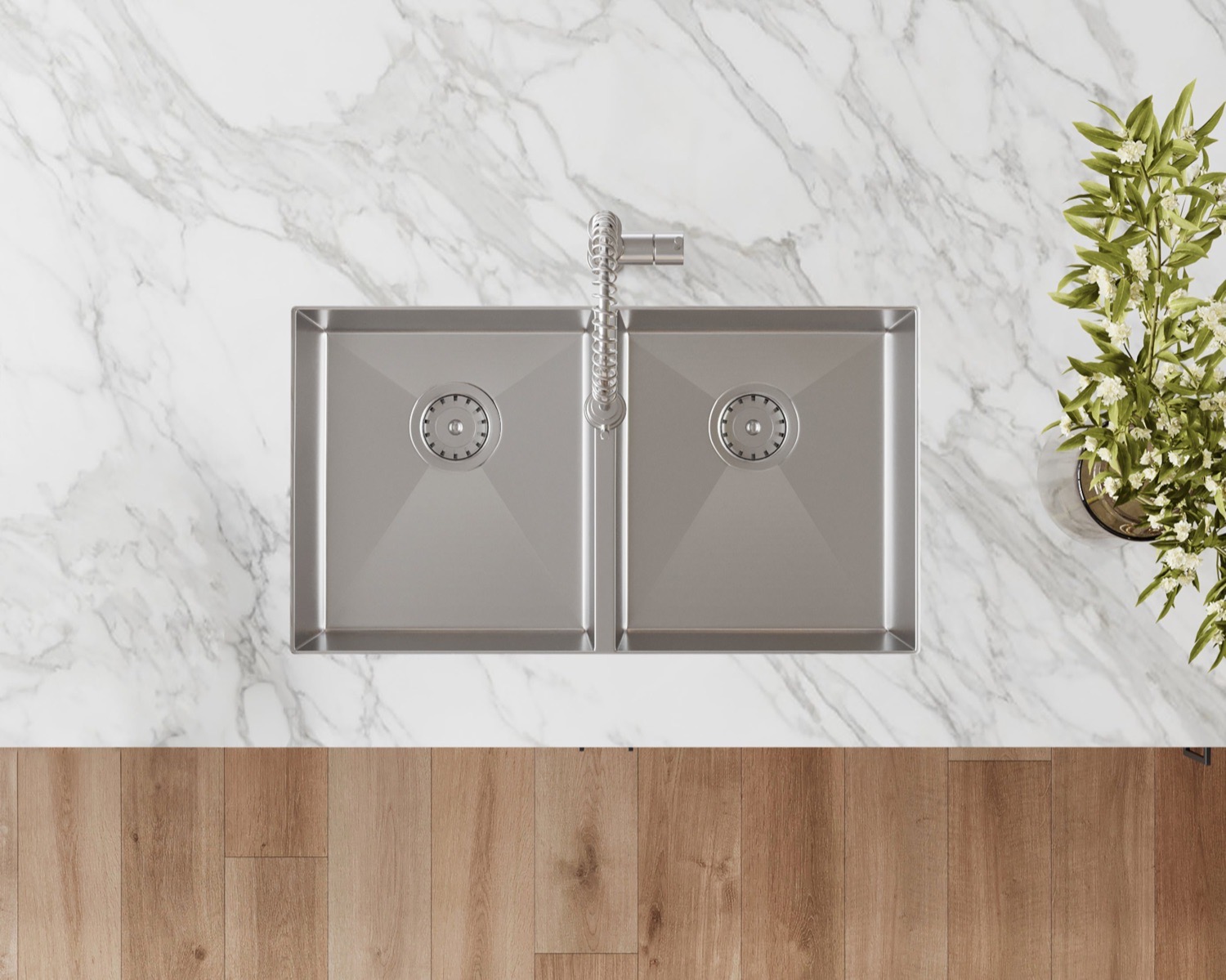 Rumonté double-bowl sink, top view